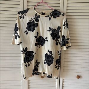 Escada Black Floral on Cream Short Sleeve Top